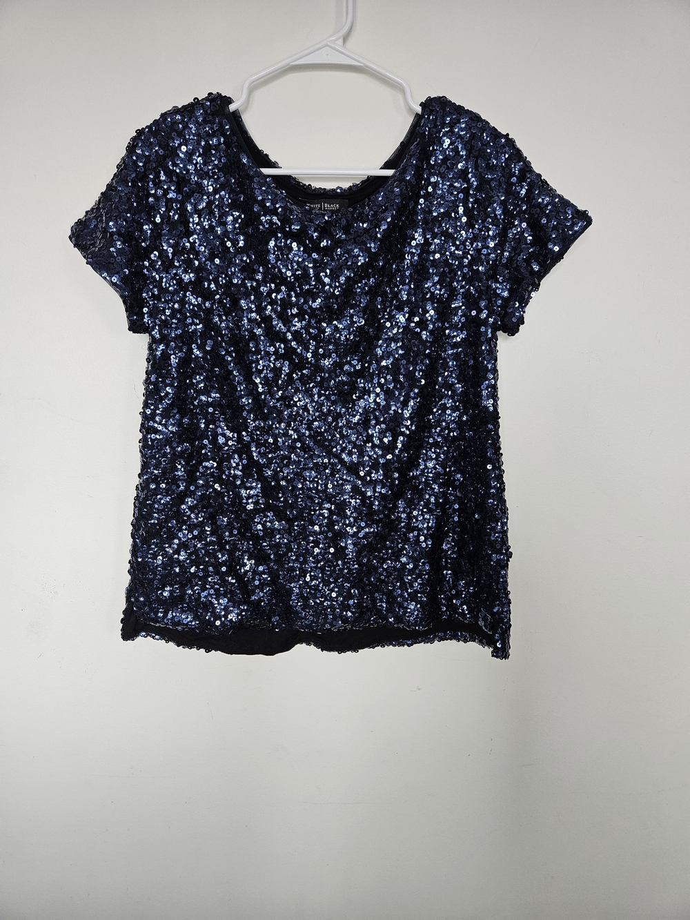 White House Black Market Navy Blue Sequin Short Sleeve Top M